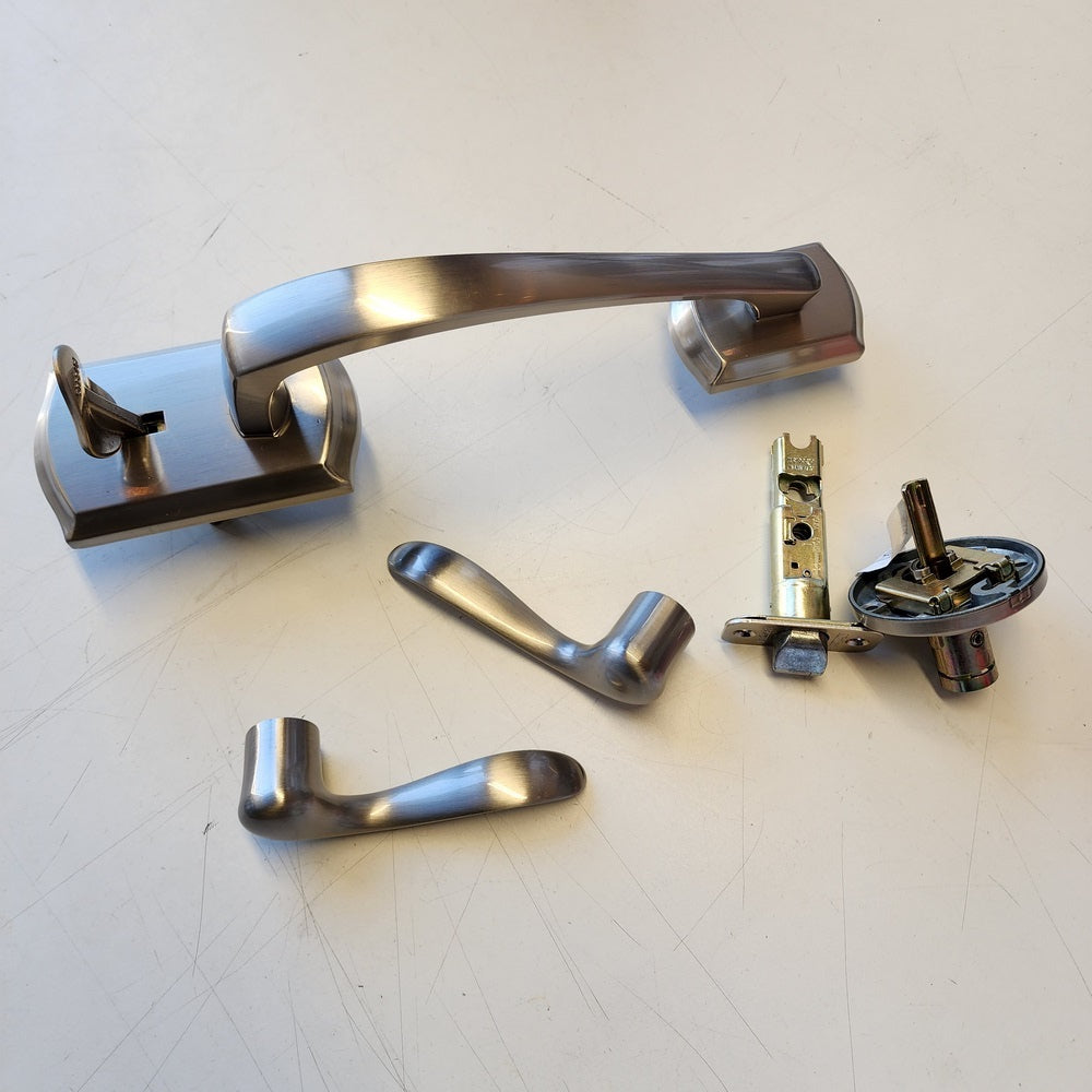 Prescott Satin Nickel Door Handleset Only with Tustin Door Handle in Satin Nickel Prescott Satin Nickel Door Handleset Only with Tustin Door Handle in Satin Nickel